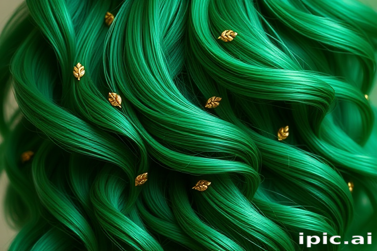 Striking emerald green mermaid waves named "Enchanted Forest" flow gracefully down to the waist, adorned with tiny leaf-shaped clips and shimmering golden accents