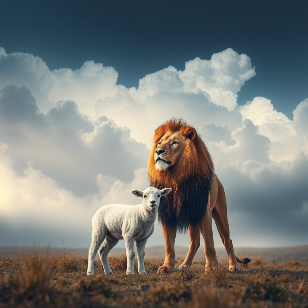 A majestic lion and a gentle lamb standing in a surreal, ethereal landscape filled with dramatic clouds and soft light; shot with a Canon EOS R5, 50mm f/1.2 lens, ISO 100, aperture f/4, focusing on depth and texture to enhance image quality.