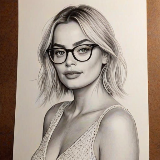 Enticing Margot Robbie, pencil sketch, portrait of Sublime woman 1975s in glasses, hair style beatnik, outline, clear lines, fine lines, 8k