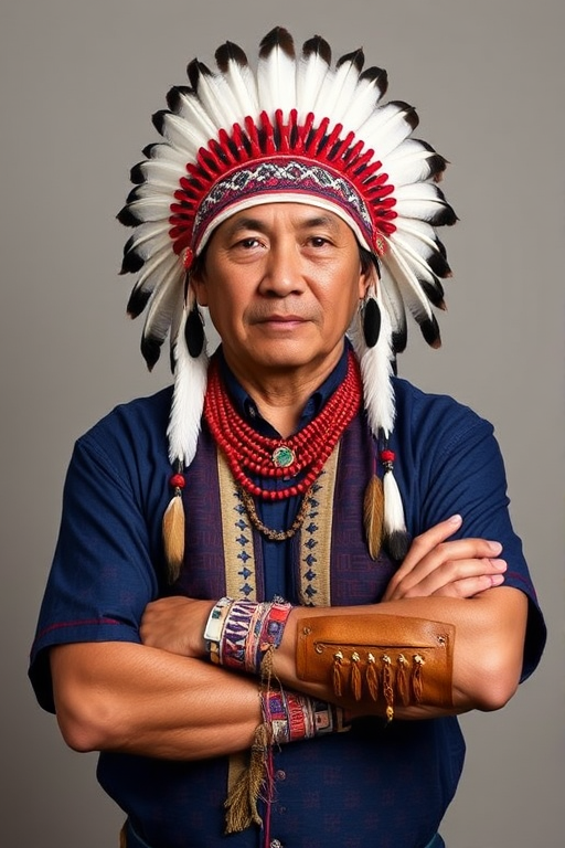 Create a dignified portrait of a Native American man dressed in traditional attire. He wears a beautifully crafted headdress adorned with white feathers and red beads, along with a beaded headband featuring intricate patterns. His clothing includes a deep blue, patterned shirt and a traditional chest piece with detailed beadwork. His arms are crossed, displaying leather armbands decorated with feathers. The background is simple and neutral, emphasizing his proud and stoic expression. The overall image captures the rich cultural heritage and strength of his persona.