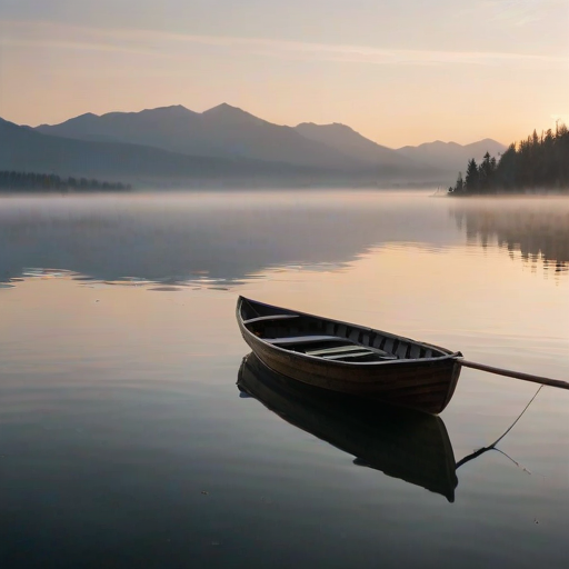 Softly focused photo of a lone rowboat drifting on a mist-covered lake at dawn, soft light from the rising sun illuminating the water, with distant mountains barely visible through the haze.