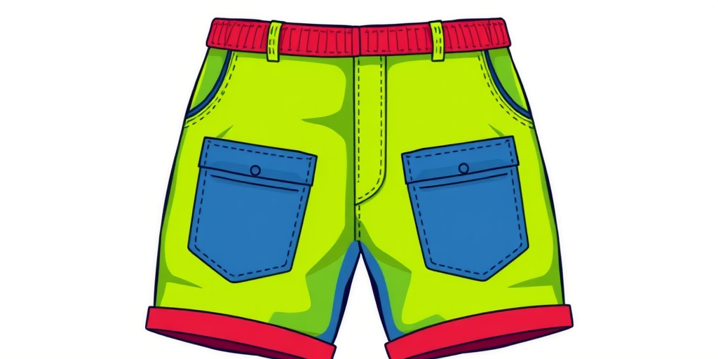 Create a vibrant illustration of a pair of shorts with a lime green body, blue pockets, and a red waistband and cuffs, using a DSLR camera with a 50mm lens, f/2.8 aperture, 1/200 shutter speed, and soft diffused lighting for enhanced image quality.