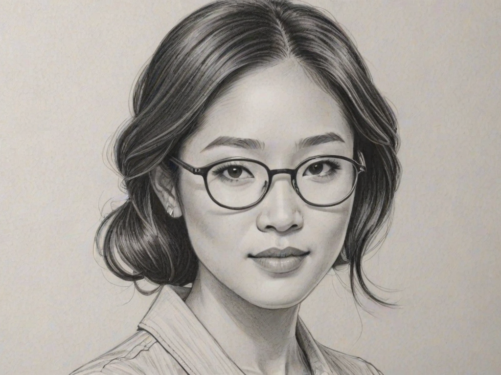 Fetching Constance Wu, pencil sketch, portrait of Charming woman 1949s in glasses, hair style beatnik, outline, clear lines, fine lines, 8k