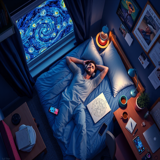 A top-down Van Gogh-style painting of a young man lying on his bed, listening to music with headphones. The room is softly lit with deep blues and purples, creating a peaceful nighttime atmosphere. The bed has a soft pillow, and the man's arms are resting behind his head. Around the bed, various glowing gadgets such as a smartphone, a laptop, and a small lamp are visible, casting a gentle light. The rest of the bedroom includes a desk with books, a chair, and a small rug on the floor. A window near the bed reveals a starry night sky with swirling stars, reminiscent of Van Gogh's 'Starry Night.' On the desk, there is a sketchbook with colorful drawings, a cup of coffee steaming gently, and a small potted plant. The walls have posters of famous paintings and a corkboard with pinned notes and photos. The scene is full of dynamic, swirling brushstrokes, capturing the essence of Van Gogh's unique style. The overall mood is serene and contemplative, with a touch of artistic inspiration.