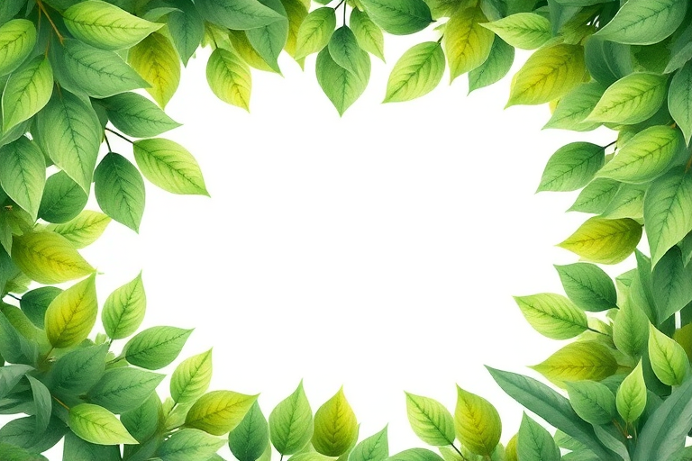 Create a soft, watercolor illustration of lush green leaves framing a blank central space, using a Canon EOS R5 with a 50mm f/1.2 lens, aperture set to f/2.8, ISO 200, and a gentle natural light setting for enhanced colors and smooth gradients.