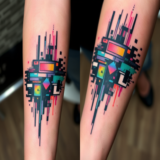 Glitch art inspired tattoo, "Digital Distortion," combining pixelated elements, color shifts, and fragmented imagery to create a unique design that appears to be glitching or corrupted, perfect for tech enthusiasts or as a statement piece on the forearm or leg