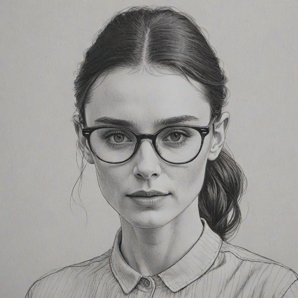Elegant Rooney Mara, pencil sketch, portrait of Gorgeous woman 1966s in glasses, hair style beatnik, outline, clear lines, fine lines, 8k