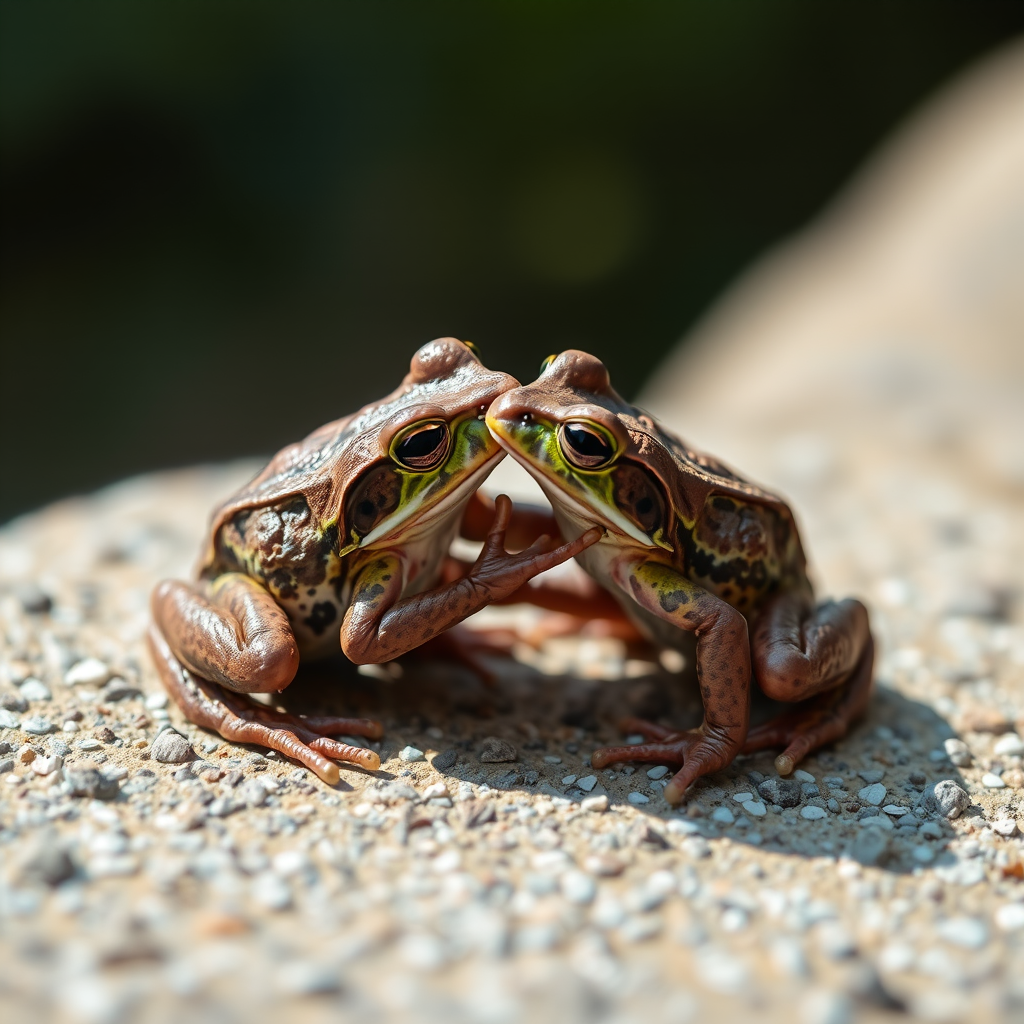 Capture a close-up image of two toads mating on a textured surface, using a DSLR camera with a 50mm lens, aperture set to f/2.8 for shallow depth of field, ISO 200 for clarity, and a shutter speed of 1/200 sec to freeze motion, in natural lighting for enhanced detail and vibrant colors.