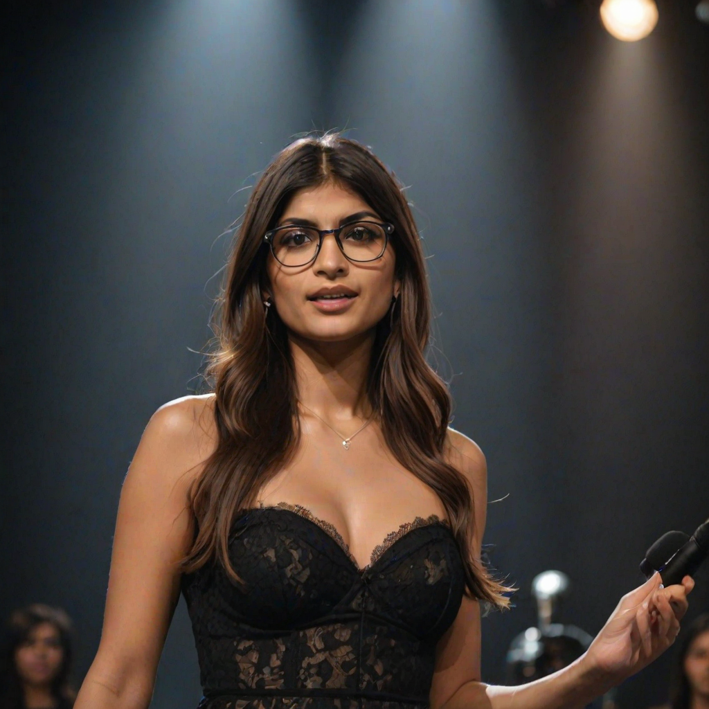 mia khalifa with long, flowing brown hair is standing in the center of the frame, holding a microphone in her right hand, and looking slightly off to the right side of the frame. She is wearing a black, off-the-shoulder dress with delicate lace detailing. The lighting is warm and dramatic, creating a spotlight effect on the singer. There are other figures in the background, blurred and out of focus, suggesting a concert or performance setting. The camera angle is low, capturing the woman from the waist up. The overall atmosphere is intimate and captivating.