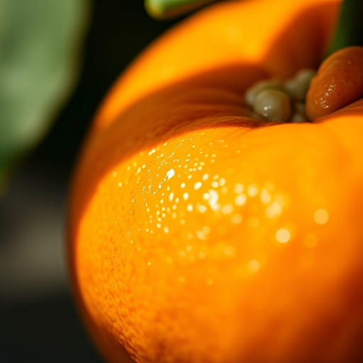 Close-up shot of a ripe orange with soft natural lighting, shallow depth of field, ISO 200, aperture f/2.8, 50mm lens, DSLR camera, macro photography style.