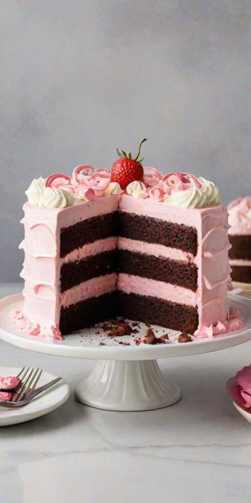 Create an image of a slice of layered cake. The cake should have three distinct layers: the bottom layer should be a rich chocolate cake, the middle layer a smooth pink mousse, and the top layer a fluffy white cream. Decorate the top with swirls of pink and white frosting, as well as a few dark chocolate accents. The slice should be presented on a white plate with a fork beside it, and the background should be simple and bright to emphasize the cake.