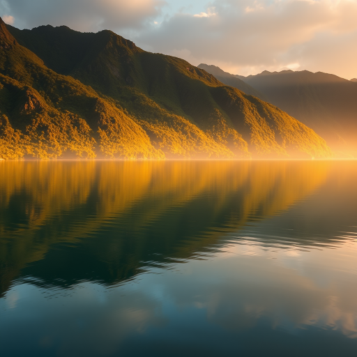 Create a high-resolution image of a serene landscape featuring a calm lake surrounded by lush green mountains during sunrise, with soft golden light reflecting on the water, captured with a Canon EOS R5, 24mm lens at f/8, ISO 100, using a tripod for stability.