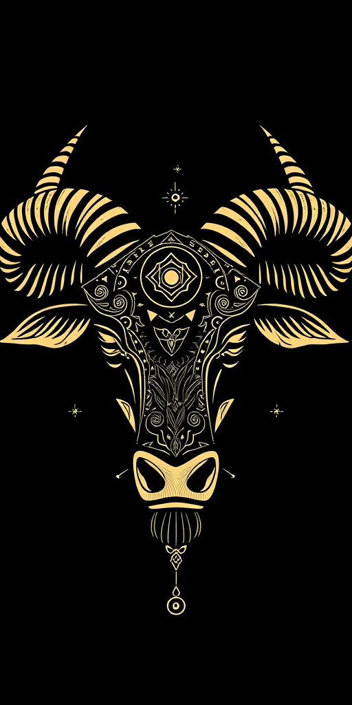 Create an illustration of a stylized Taurus bull head with intricate patterns and celestial designs on a black background, using a high-resolution digital camera with a 50mm lens, f/1.8 aperture, and soft focus effect to enhance details and depth.