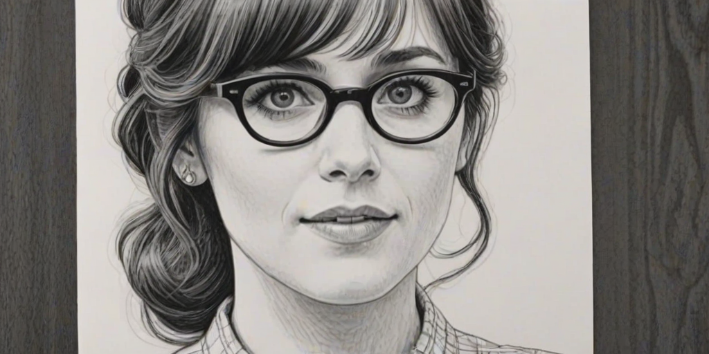 Elegant Zooey Deschanel, pencil sketch, portrait of Dazzling woman 1965s in glasses, hair style beatnik, outline, clear lines, fine lines, 8k