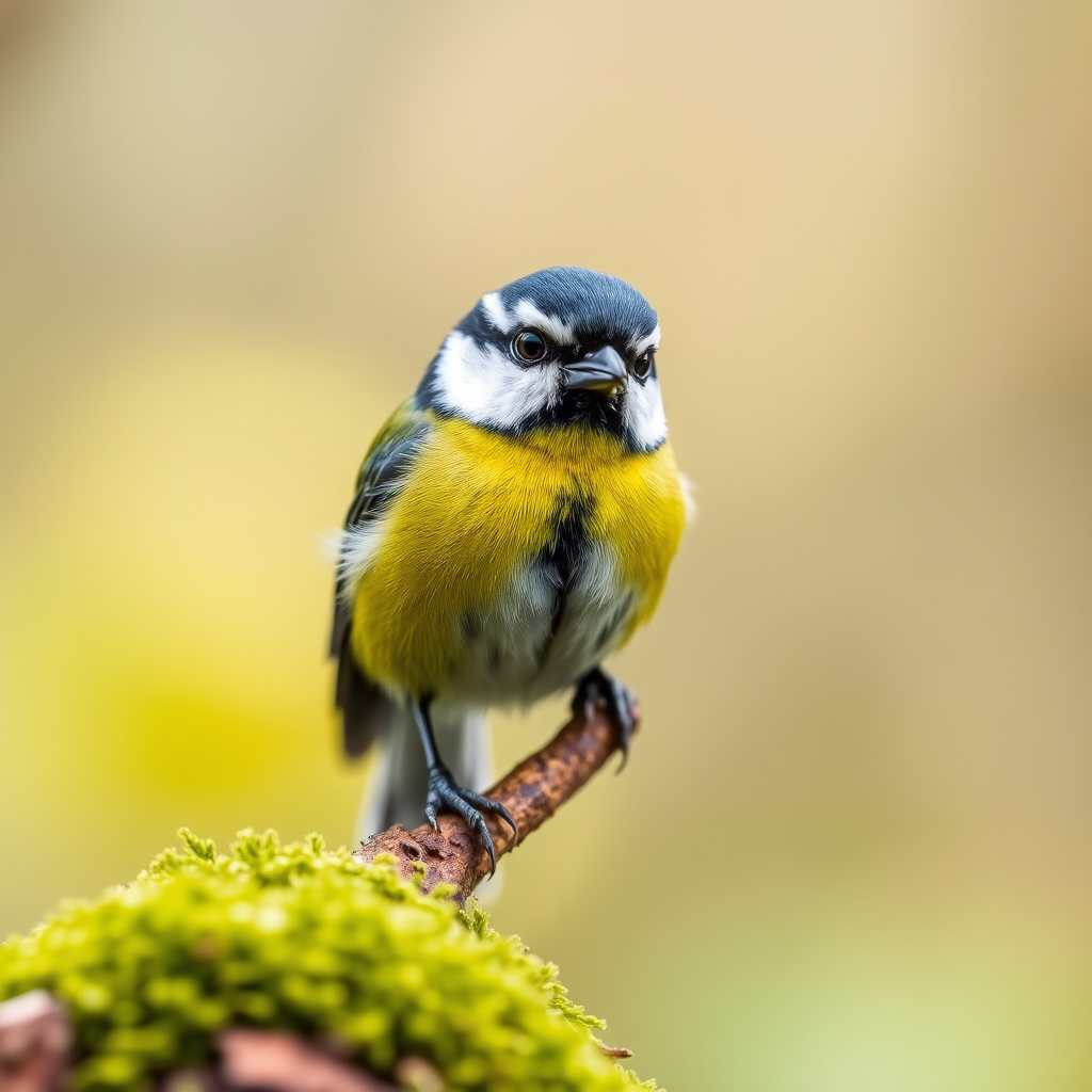 A vibrant close-up of a great tit bird perched on a moss-covered branch, with a soft-focused natural background; camera settings: ISO 200, aperture f/4, shutter speed 1/200s; camera view: eye level, camera style: macro photography, camera type: DSLR.