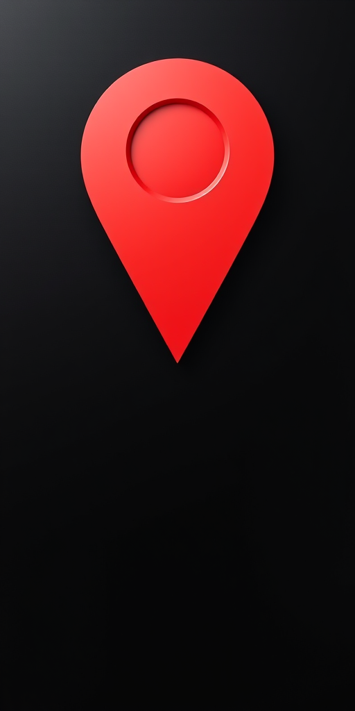Create a large red location pin icon with a white circular end on a solid black background, shot in high resolution using a DSLR camera with a 50mm lens, f/2.8 aperture, ISO 100, natural lighting, and centered composition.
