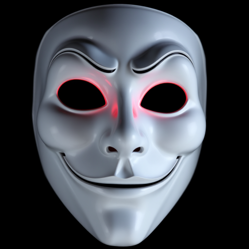 A detailed close-up image of a white theatrical mask characterized by unique features. It has crescent-shaped eyes that emit an ominous glowing red light, coupled with a broad smile that adds to its mysterious charm. The mask has a flat nose which blends naturally into its form. The mask is set against a stark black background, enhancing its striking white color. The eyes of the mask seem to mimic a full eclipse, creating an engaging dichotomy of darkness and light. The mask presents a traditionally masculine archetype with squinted eyes.