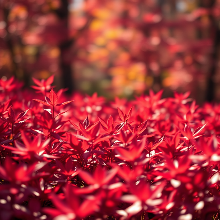 vibrant field of red foliage in autumn, shallow depth of field, soft focus background, sunlight filtering through leaves, f/2.8 aperture, 50mm lens, DSLR camera, standard landscape orientation, high-resolution capture