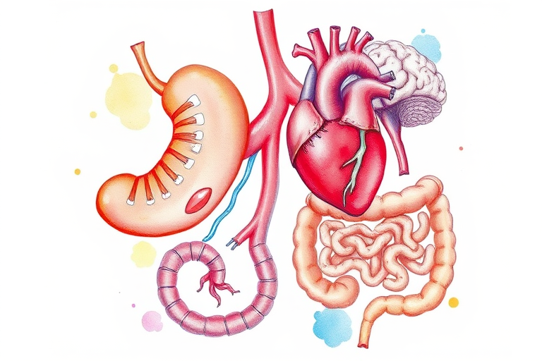 Create a high-resolution illustration of human organs including a stomach, heart, brain, and intestines in a watercolor style, using a Canon EOS R5 with a 50mm lens at f/1.8, ISO 100, and 1/250s, focusing on vibrant colors and detailed textures.