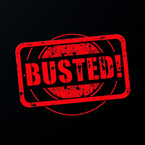 Create a high-resolution image of a red stamp with the word BUSTED! in a bold, distressed font on a black background using a DSLR camera with a 50mm lens, aperture set at f/1.8, ISO 100, and a shutter speed of 1/200s, captured from a straight-on angle.