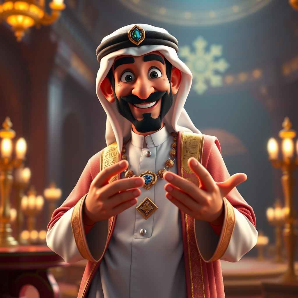 Create a 3D rendering of a wealthy Arab male sheikh from Dubai, inspired by the Disney animation style. The sheikh must have a smile and a playful but wise character. Place your character in an atmosphere of wealth and luxury. The image must be in high resolution format. Dynamic pose above the waist, gesturing with hands (Pixar Art style)++ highly detailed digital painting, art stations, concept art, soft focus, hard focus, illustrations. cinematic, visual effects, HDR, Unreal Engine 5, ray tracing, soft light, 8k, high detail, sparkling backlighting, luxury gem, game art, 3d, cartoon, colorful, magical, mysterious