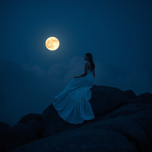 Create an ethereal scene of a woman in a flowing white dress sitting on a rocky outcrop, illuminated by a large, bright full moon against a moody, dark blue sky with mist, capturing the tranquil atmosphere with a Canon EOS R5, 50mm lens, f/1.8, ISO 200, and a soft focus effect for a dreamy quality.