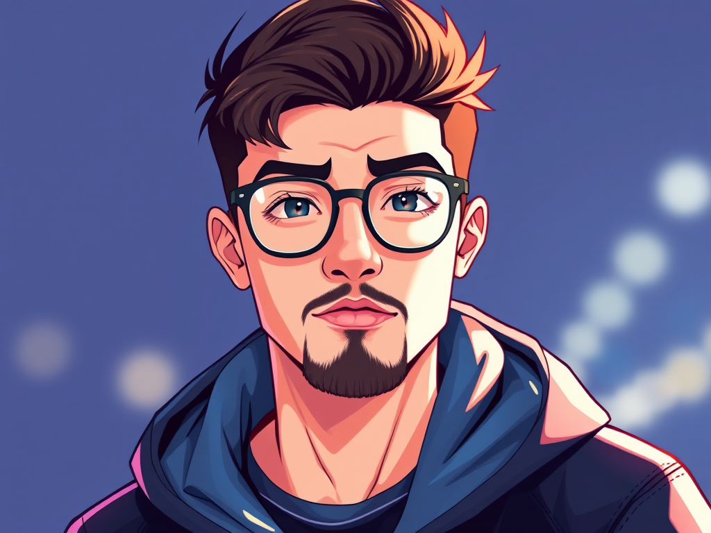 Generate a high-resolution illustration of a young man with glasses and a goatee, wearing a black hoodie with a blue lining, use a digital art style with sharp lines and vibrant colors, simulate a DSLR camera effect with a focal length of 50mm, aperture set to f/2.8, and a soft-focused background.