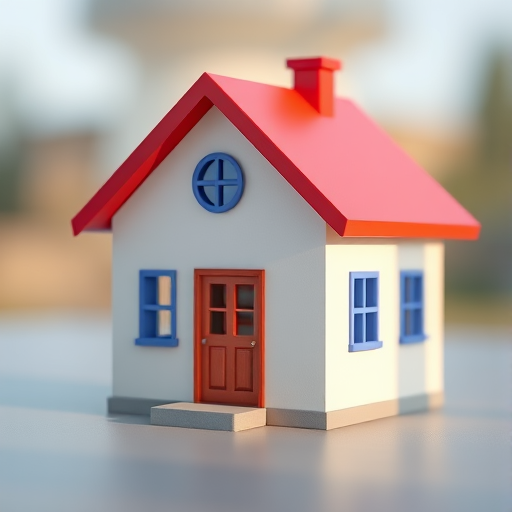 Create a 3D rendered image of a simple house with a red sloped roof, featuring a brown door and blue windows, illuminated with natural light, using a DSLR camera with a 50mm lens at f/8, ISO 100, and a shallow depth of field to emphasize the structure against a blurred background.