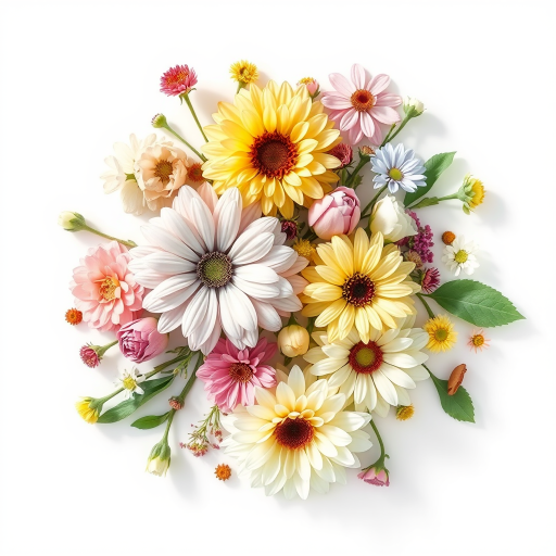 floral illustration of various flowers in circular shapes, pastel colors, high resolution, 50mm lens, f/2.8 aperture, natural lighting, top-down view, digital art illustration