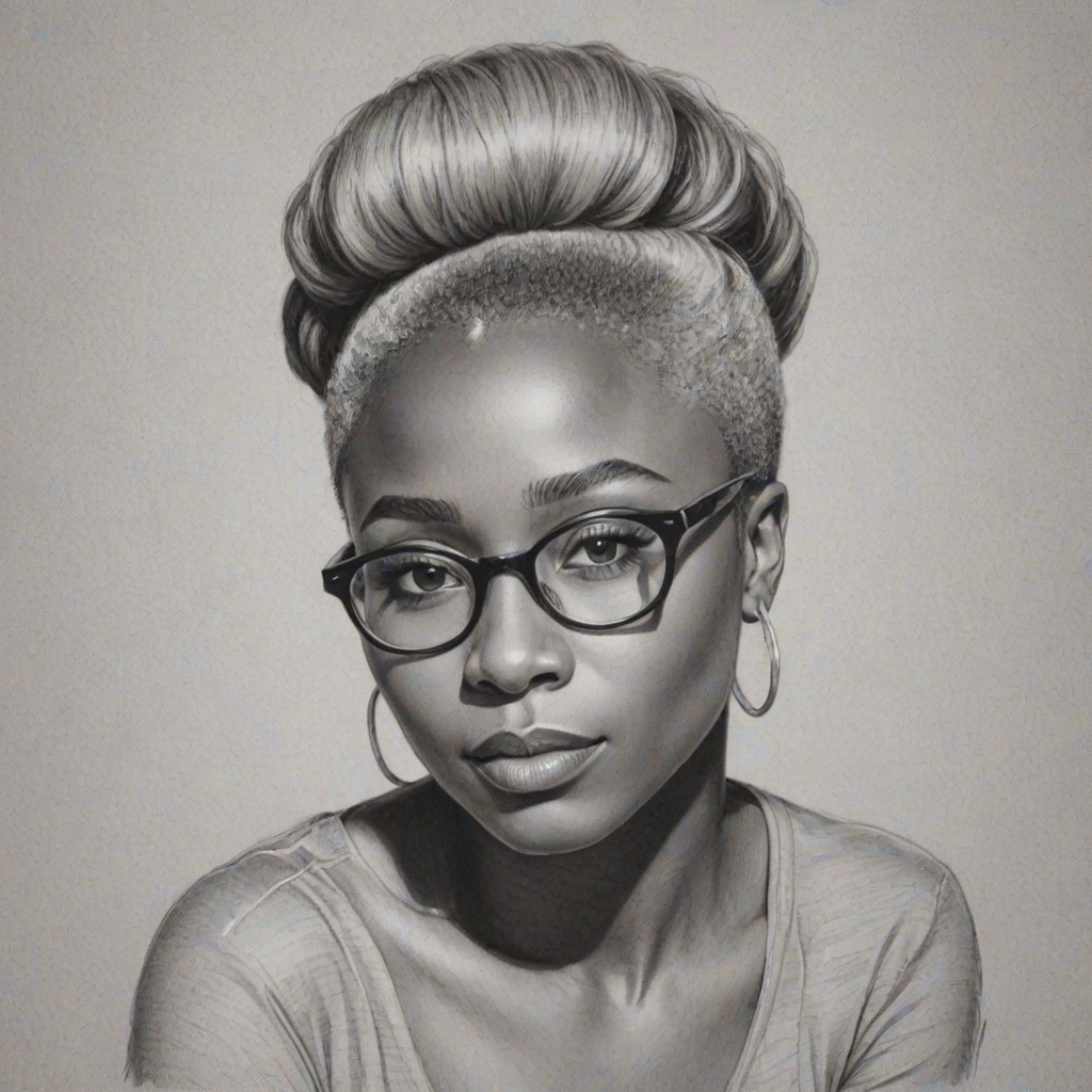 Attractive Cynthia Erivo, pencil sketch, portrait of Magnificent woman 1948s in glasses, hair style beatnik, outline, clear lines, fine lines, 8k