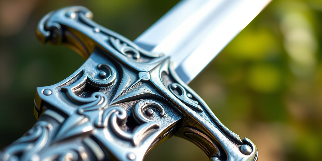 A highly detailed close-up of an ornate sword with a silver blade and intricate hilt design, using a DSLR camera with a 50mm lens, f/2.8 aperture, 1/250 sec shutter speed, ISO 100, shot in natural light to enhance reflections and textures.