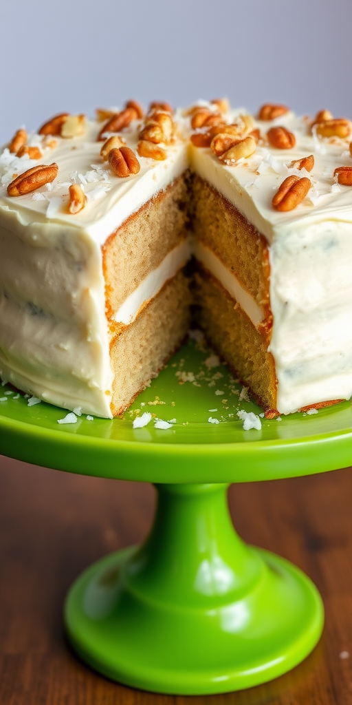 A delicious layered cake with a creamy frosting topped with chopped nuts and coconut flakes displayed on a vibrant green cake stand with a slice removed revealing the moist interior.