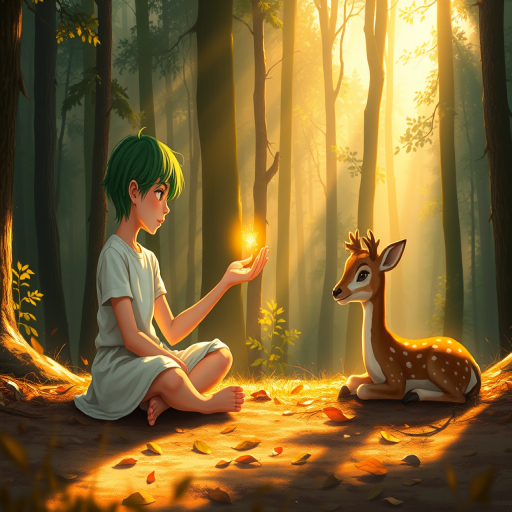 A luminous digital painting of a serene forest scene featuring a barefoot young female, about 7 years old, with green hair and fair skin, dressed in a simple white outfit. He sits cross-legged on the forest floor, gazing at a small, glowing, magical firefly in his hand. Beside him, a delicate spotted deer lies calmly on a bed of dried leaves, observing the scene. The dense forest is bathed in warm, golden light filtering through the trees, creating a peaceful, magical atmosphere with a blend of natural and mystical elements.