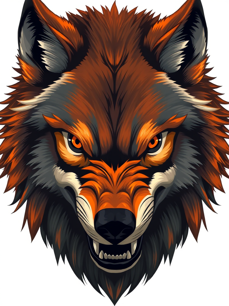 Create an illustration of a fierce wolf's head with vibrant orange and gray fur, emphasizing sharp features and intense expression, using a high-resolution setting with a DSLR camera, f/2.8 aperture, 50mm lens, 1/250 shutter speed, and a soft focus background for a striking visual effect.