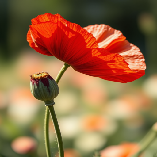 create a highly detailed illustration of a vibrant red poppy flower and a closed bud, capturing intricate textures and colors, using macro lens settings, with a soft focus background, in natural light, digital illustration style, high-resolution rendering