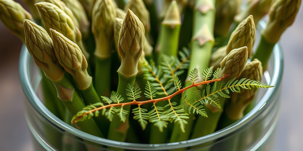 Create a high-resolution illustration of green asparagus spears with a delicate fern in a clear container, using a macro lens setting at f/2.8, ISO 100, and a soft, natural light style to enhance texture and detail.