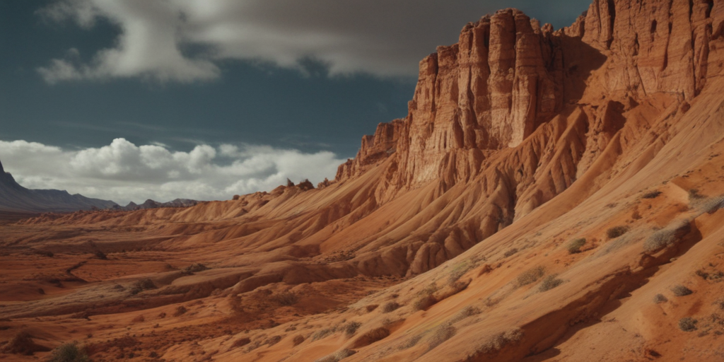 Majestic Red Rock Formations Under Dramatic Clouds in a Desert Landscape.