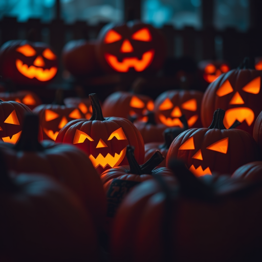 Create a highly detailed, realistic image of various carved pumpkins with glowing faces in a dimly lit setting, using a DSLR camera, aperture set to f/2.8 for shallow depth of field, ISO 200 for low noise, and a focal length of 50mm to capture intricate details, shot from a low angle to enhance the dramatic effect.