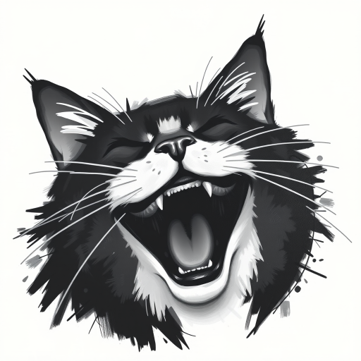 Abstract black and white acrylic portrait of an over exaggerated laughing (cat). Minimalism style. White background.