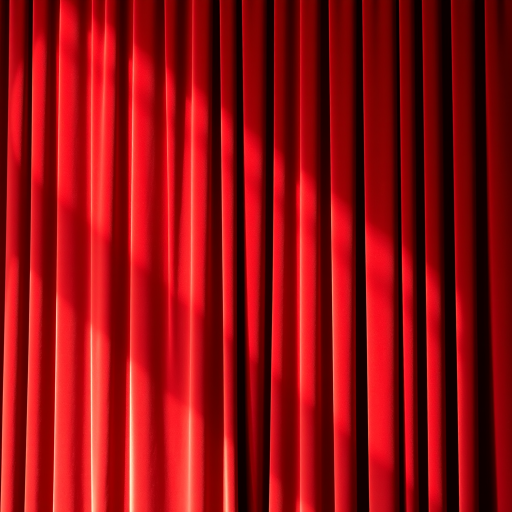 Create a high-resolution image of a stage curtain with rich red velvet texture, showcasing deep folds and a luxurious appearance, shot with a DSLR camera at f/2.8 aperture, 50mm lens, ISO 100, and soft natural lighting to enhance details and depth.