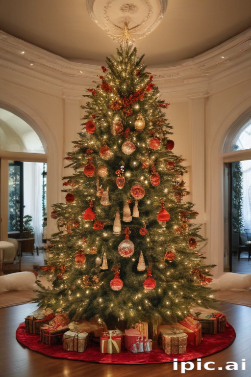Elegant Christmas Tree Decorated with Red Ornaments and Wrapped Gifts