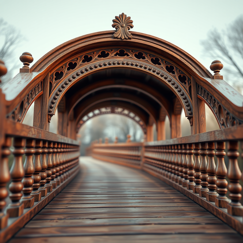 Create a highly detailed 3D rendering of an ornate wooden bridge with a curved design and decorative spindles, captured using a DSLR camera with a 50mm lens, f/1.8 aperture, ISO 100, in HDR style with a shallow depth of field, emphasizing the textures and materials of the bridge against a soft background.