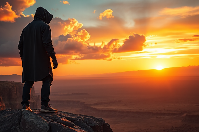 generate an image of a hooded figure standing on a rocky outcrop overlooking a vast desert landscape at sunset with dramatic clouds and mountains in the background using a Canon EOS R5 with a 24-70mm lens, f/8 aperture, 1/125 sec shutter speed, ISO 100, shot from a wide-angle perspective to enhance depth and detail in the scene