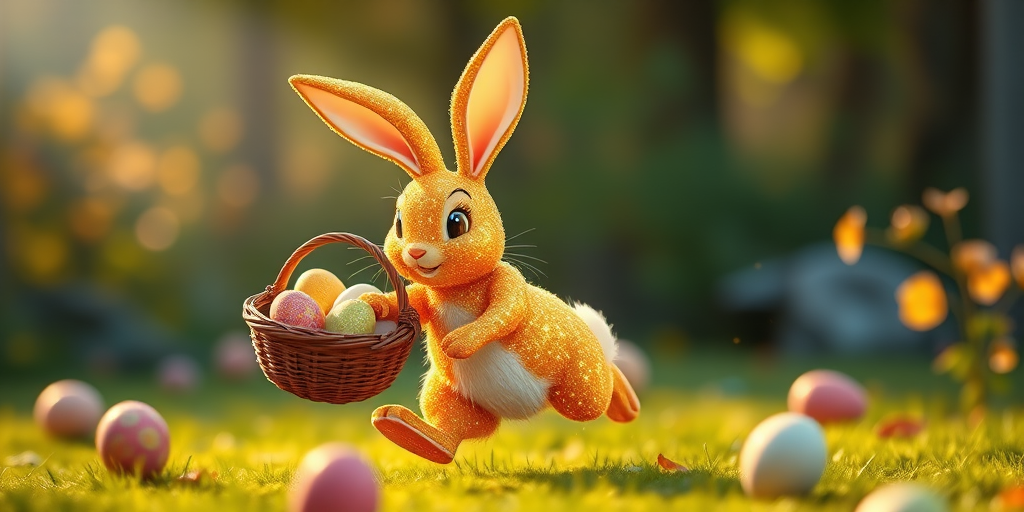 Create an animated character of a sparkling golden rabbit running with a basket of eggs, shot in high resolution with a 50mm lens at f/2.8, using a soft-focus style, in a vibrant color palette, captured with a DSLR camera.