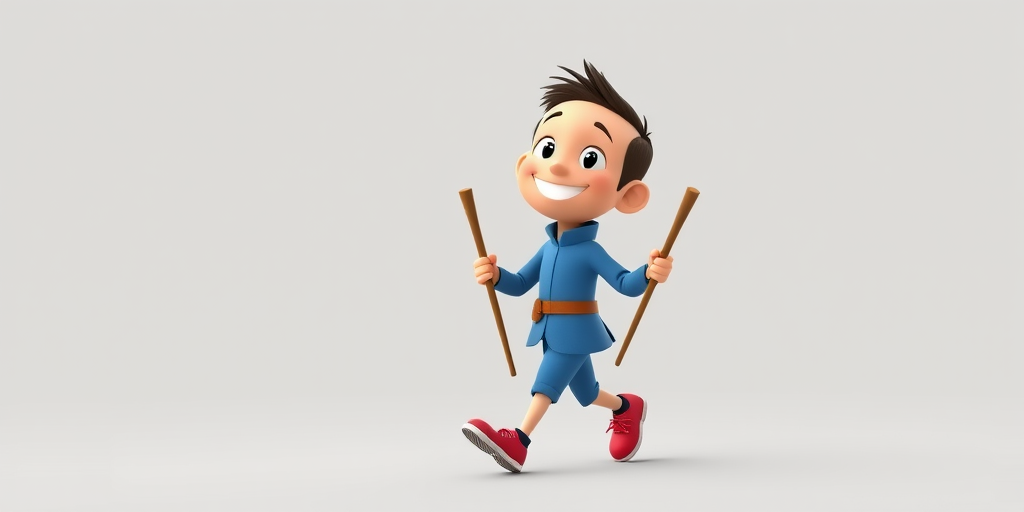 Create a cartoon character of a smiling person walking with two sticks, wearing a blue outfit and red shoes, with a simple background, shot with a Canon EOS 5D Mark IV, 50mm lens, f/2.8 aperture, ISO 100, and natural lighting.