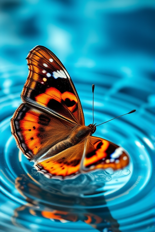 Capture a close-up of a butterfly with vibrant orange and blue patterns resting on water, surrounded by rippling blue waves, using a Canon EOS 5D Mark IV, 50mm f/1.8 lens, aperture at f/2.8, shutter speed 1/200 sec, ISO 100, in natural sunlight, with a shallow depth of field for enhanced background blur.