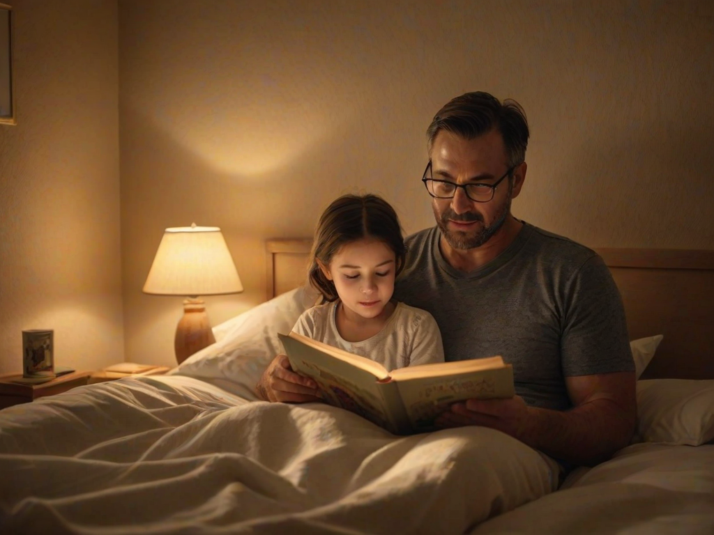 Warmly lit image of a father reading a bedtime story to his child, soft glow from a bedside lamp casting warm shadows on the walls, the smell of freshly washed linens filling the air, and a feeling of comfort and security.