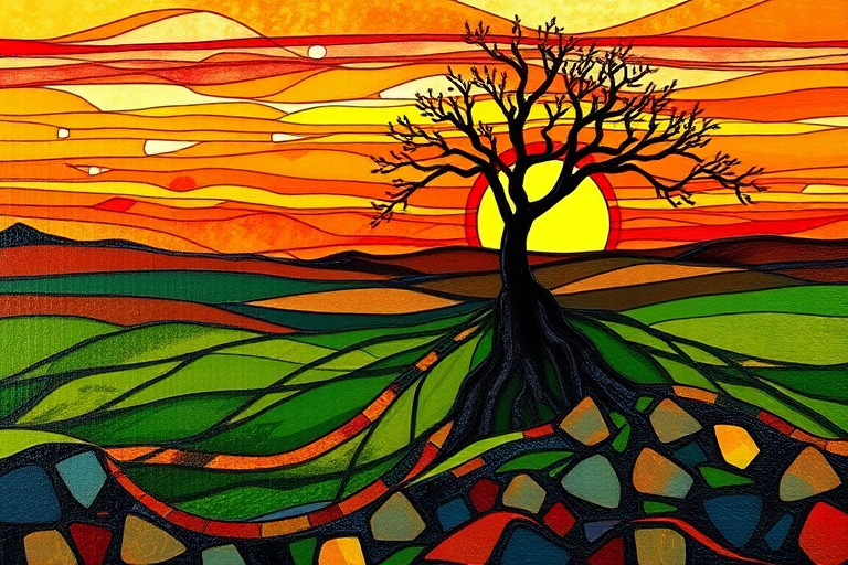 A vibrant abstract painting on Tiffany Glass, blending acrylic and alcohol ink techniques, captures a dramatic sunset over rolling hills. The artwork features a textured, rocky foreground in green and brown, layered abstract hills, and a striking sunset in rich oranges, yellows, and reds. A solitary black tree with intricate branches contrasts against the fiery sky, creating a dynamic and expressive portrayal of a breathtaking natural scene.