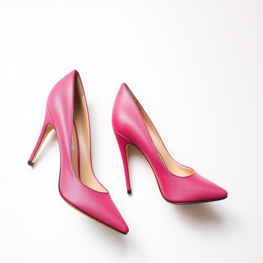 Regenerate an image of a pair of pink patterned high heels, set against a white background, using a DSLR camera with a focal length of 50mm, aperture set to f/2.8, ISO 100, shot in a top-down view with soft natural lighting to enhance details and color vibrancy.