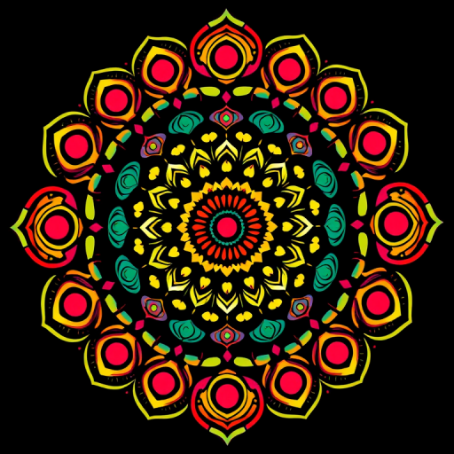 Create a vibrant mandala design featuring colorful circles and patterns on a black background, using a DSLR camera with a 50mm lens, f/2.8 aperture, ISO 100, shallow depth of field, and soft lighting to enhance the details and colors.